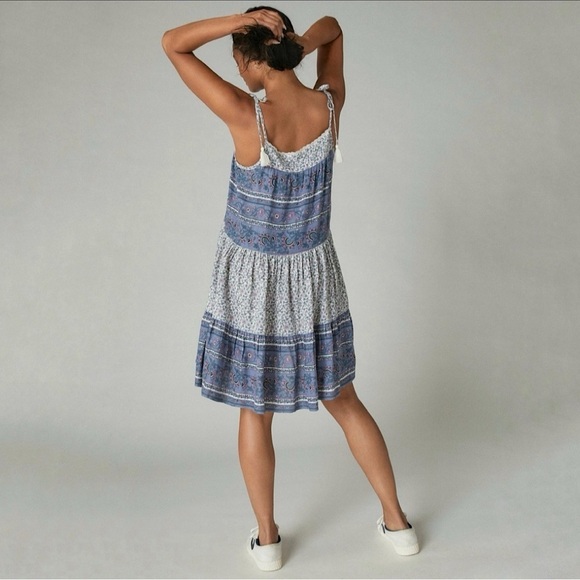 NWT Lucky Brand Tiered Mixed Floral Print Tassel Tie Strap Boho Sundress Small - Picture 2 of 16